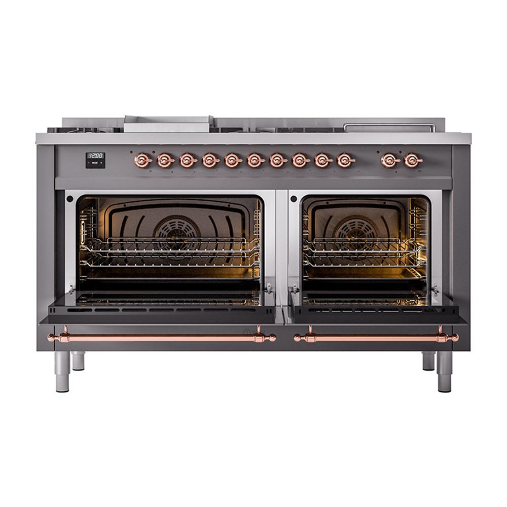 ILVE UN60FSQNMPMGPLP Nostalgie II Noblesse 60 inch Dual Fuel Range (7 Sealed Burners + Griddle + French Top, Liquid Propane, Solid Door, Graphite Matte, Copper)