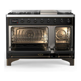 ILVE UM48FQNR3BKBLP Majestic III 48 inch Dual Fuel Range with 8 Burners and Griddle, Dual Function Burner up to 25,000 BTU (Liquid Propane, Solid Door, Glossy Black, Burnished)