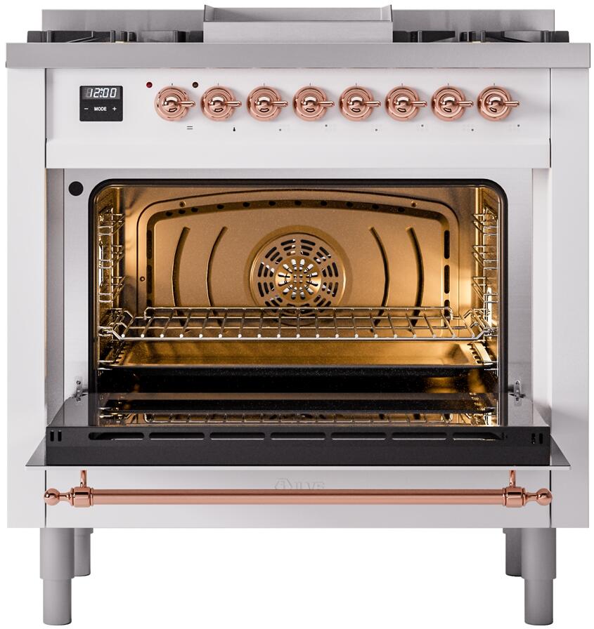 Nostalgie II 36 Inch Dual Fuel Natural Gas Freestanding Range in White with Copper Trim