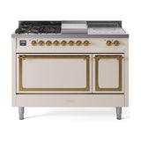 ILVE UN48FSQNMPAWGLP Nostalgie II Noblesse 48 inch Dual Fuel Range (5 Sealed Burners + Griddle + French Top, Liquid Propane, Solid Door, Antique White, Brass)