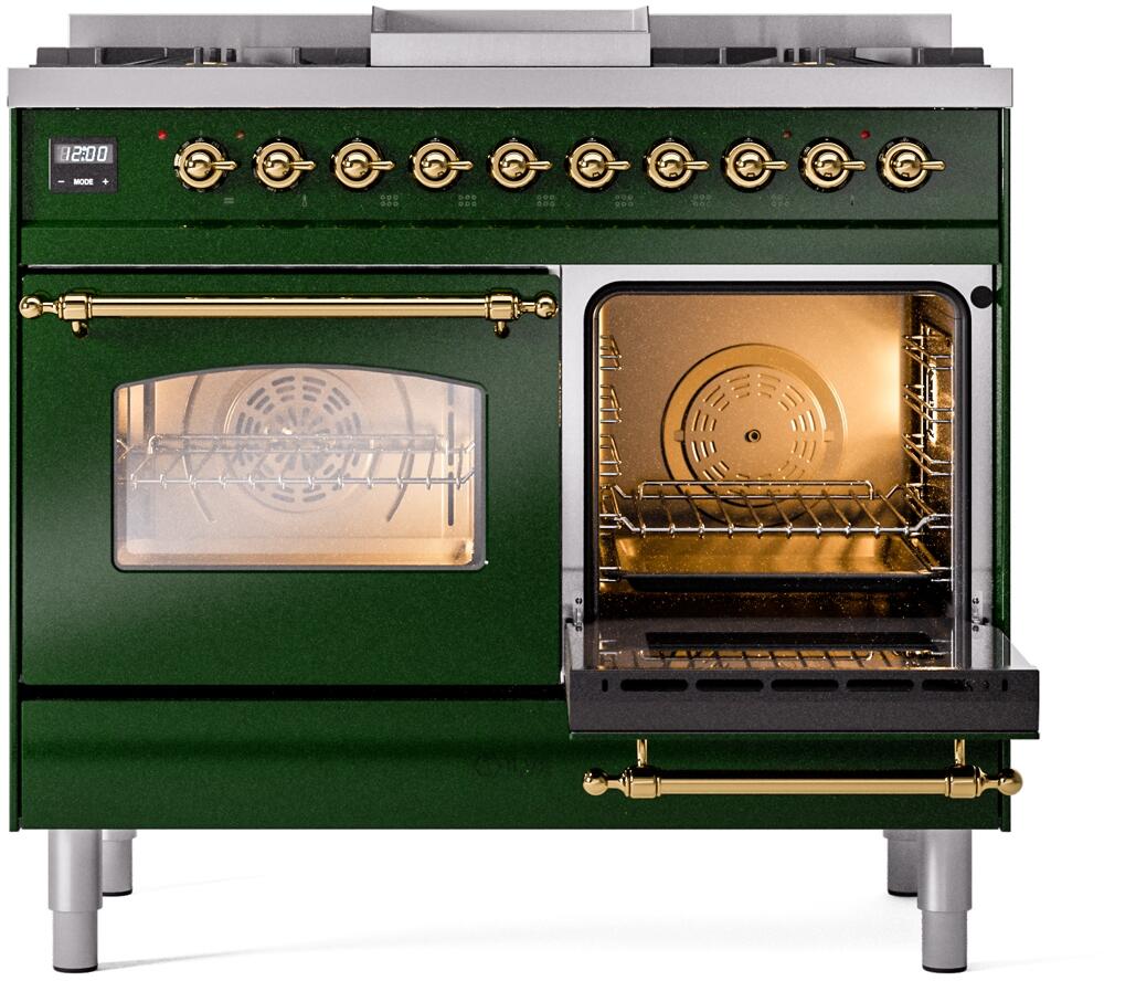 Nostalgie II 40 Inch Dual Fuel Natural Gas Freestanding Range in Emerald Green with Brass Trim
