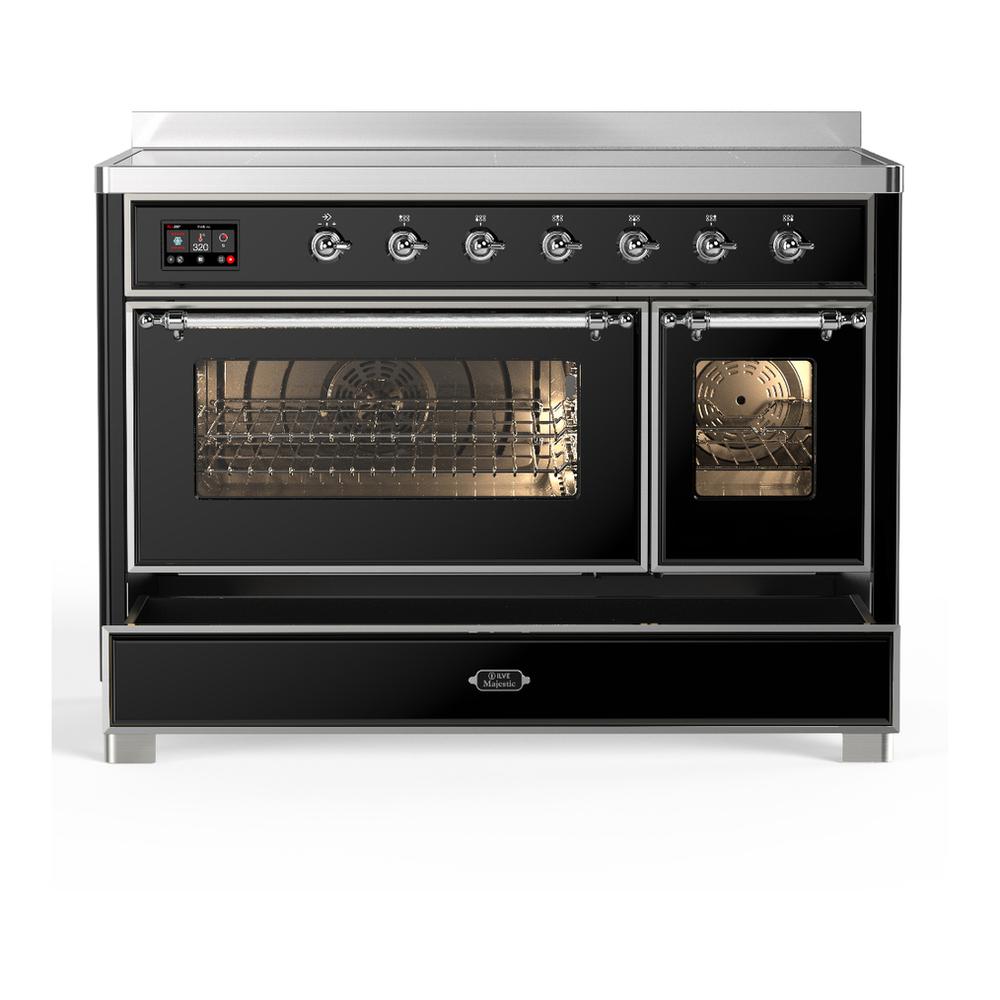 ILVE UMIB48NR3BKC Majestic III 48 inch Induction Range with 6 Elements, 5.02 cu. ft. Total Oven Capacity (Triple Glass Door, Glossy Black, Chrome)