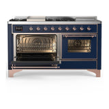ILVE UM60FSNR3MBPLP Majestic III 60 inch Dual Fuel Range with 7 Burners, Griddle and French Top, Dual Function Burner with up to 25,000 BTU (Liquid Propane, Triple Glass Door, Midnight Blue, Copper)