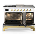 ILVE UM48FSNR3WHGLP Majestic III 48 inch Dual Fuel Range with 5 Black Brass Burners, Griddle and French Top, Dual Function Burner up to 25,000 BTU (Liquid Propane, Triple Glass Door, White, Brass)