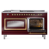 ILVE UN60FSNMPBUGLP Nostalgie II Noblesse 60 inch Dual Fuel Range (7 Sealed Burners + Griddle + French Top, Liquid Propane, Triple Glass Door, Burgundy, Brass)