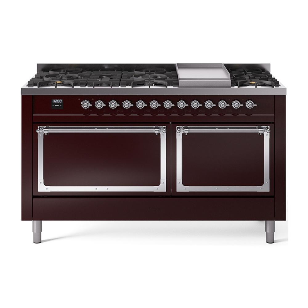 ILVE UN60FQNMPBUC Nostalgie II Noblesse 60 inch Dual Fuel Range (9 Sealed Burners + Griddle, Natural Gas, Solid Door, Burgundy, Chrome)