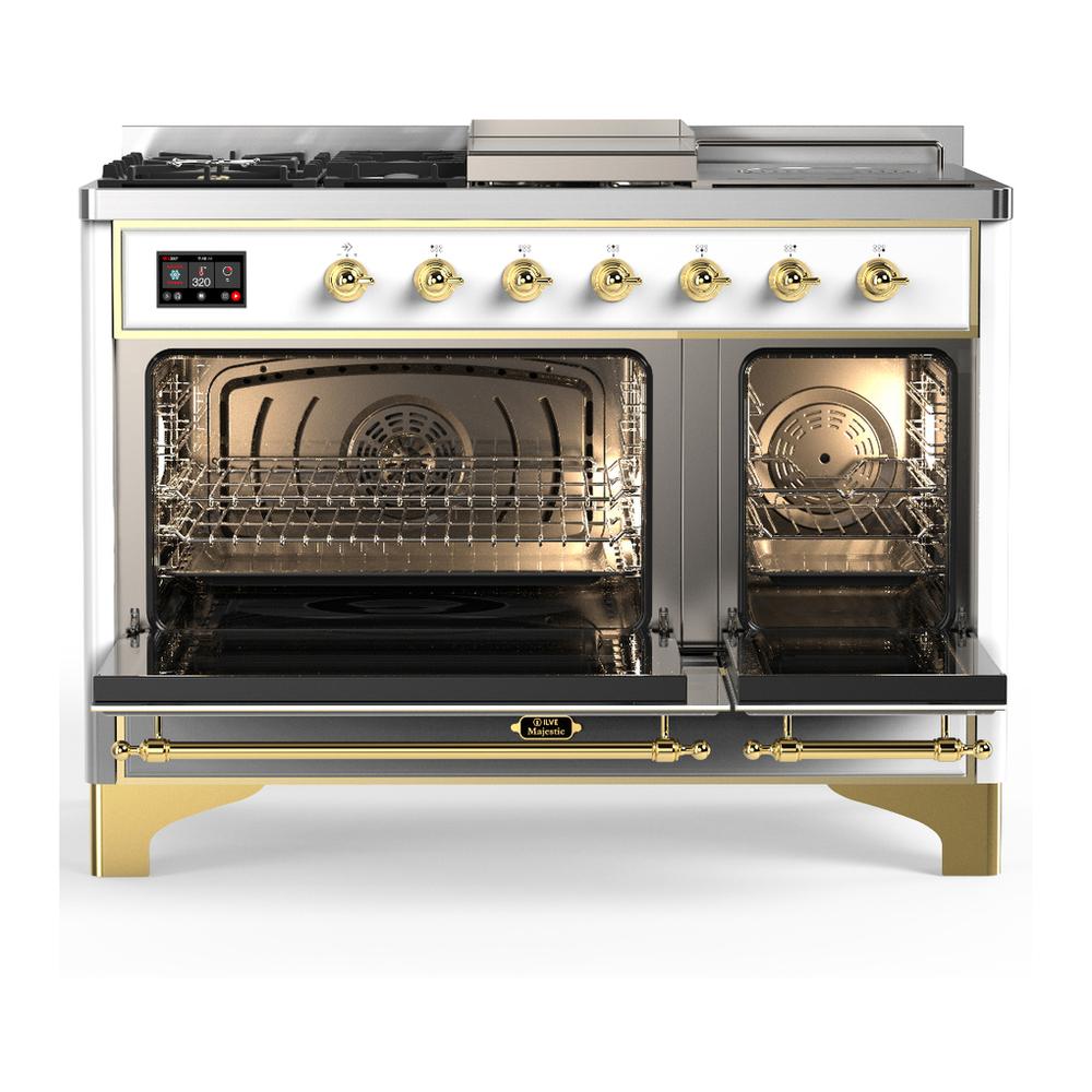 ILVE UM48FSQNR3WHGLP Majestic III 48 inch Dual Fuel Range with 5 Black Brass Burners, Griddle and French Top, Dual Function Burner up to 25,000 BTU (Liquid Propane, Solid Door, White, Brass)