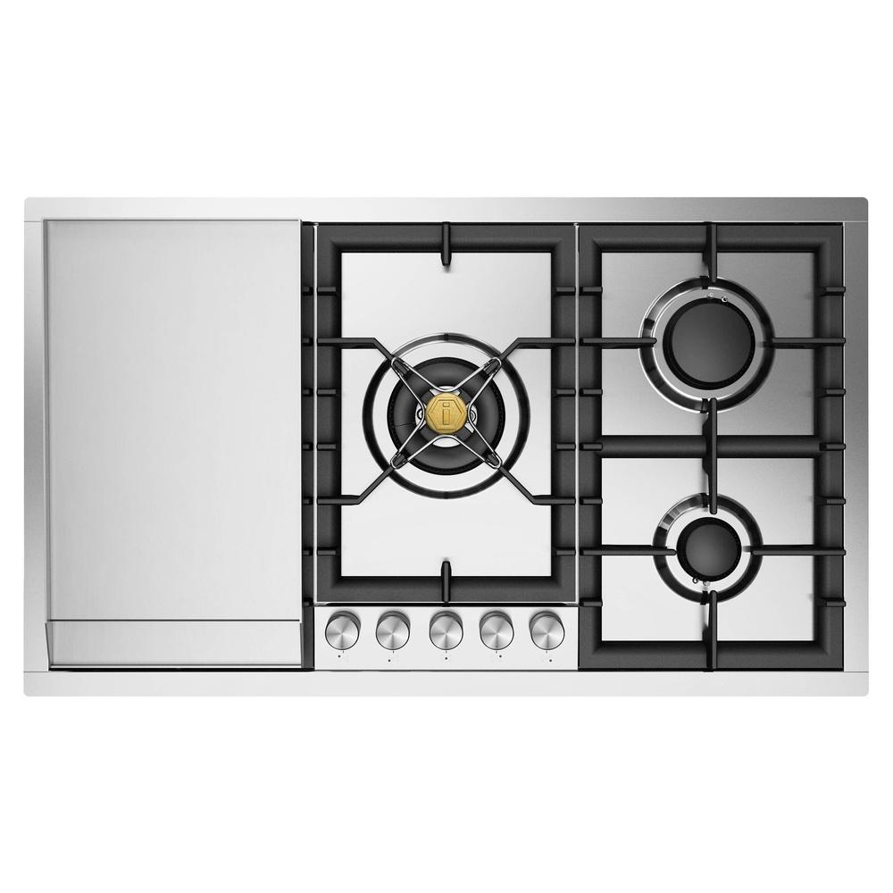 ILVE UHCPT95FSSLP Professional Plus II 36 inch Built-In Gas Cooktop with Total Black Brass Burners, in Stainless Steel (5 Sealed Burners + Griddle, Liquid Propane)