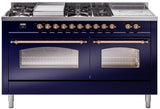 Nostalgie II 60 Inch Dual Fuel Liquid Propane Freestanding Range in Blue with Copper Trim
