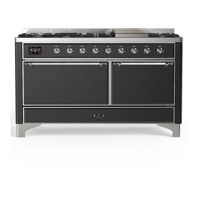 ILVE UM60FQNR3MGCLP Majestic III 60 inch Dual Fuel Range with 9 Burners and Griddle, Dual Function Burner up to 25,000 BTU (Liquid Propane, Solid Door, Graphite Matte, Chrome)