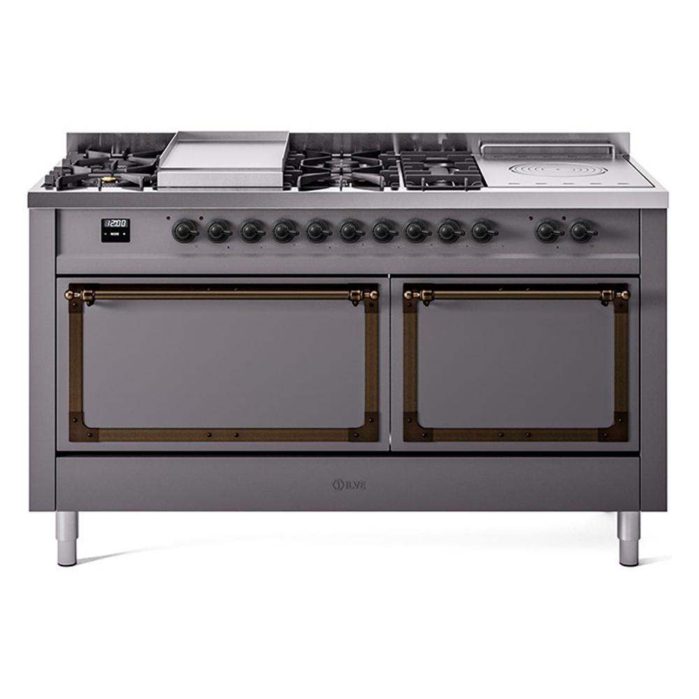 ILVE UN60FSQNMPMGBLP Nostalgie II Noblesse 60 inch Dual Fuel Range (7 Sealed Burners + Griddle + French Top, Liquid Propane, Solid Door, Graphite Matte, Burnished)