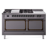 ILVE UN60FSQNMPMGBLP Nostalgie II Noblesse 60 inch Dual Fuel Range (7 Sealed Burners + Griddle + French Top, Liquid Propane, Solid Door, Graphite Matte, Burnished)