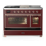 ILVE UM48FSNR3BUPLP Majestic III 48 inch Dual Fuel Range with 5 Black Brass Burners, Griddle and French Top, Dual Function Burner up to 25,000 BTU (Liquid Propane, Triple Glass Door, Burgundy, Copper)