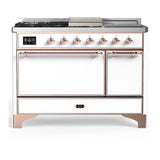 ILVE UM48FSQNR3WHPLP Majestic III 48 inch Dual Fuel Range with 5 Black Brass Burners, Griddle and French Top, Dual Function Burner up to 25,000 BTU (Liquid Propane, Solid Door, White, Copper)