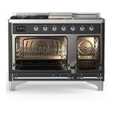 ILVE UM48FSNR3MGCLP Majestic III 48 inch Dual Fuel Range with 5 Black Brass Burners, Griddle and French Top, Dual Function Burner up to 25,000 BTU (Liquid Propane, Triple Glass Door, Graphite Matte, Chrome)