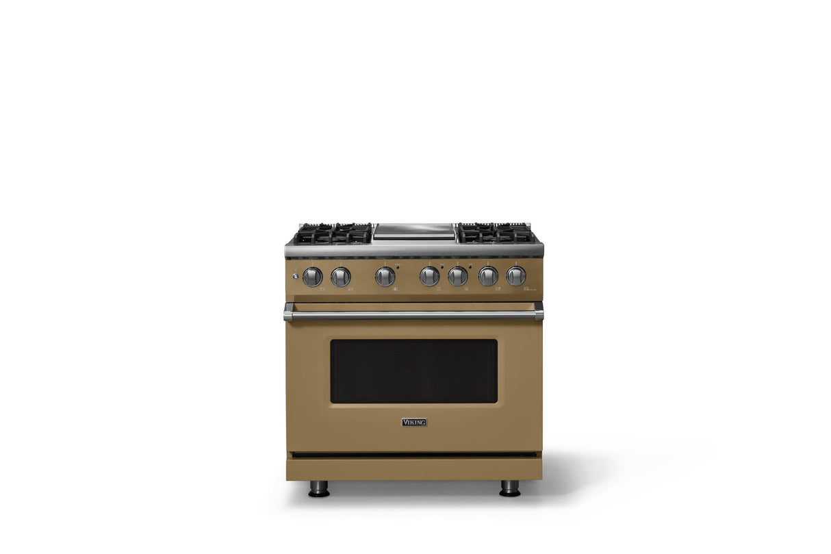 36"W. Dual Fuel Range (Burner: 4g, Finish: Golden Hour, Trim: Polished Chrome, Fuel: Propane)