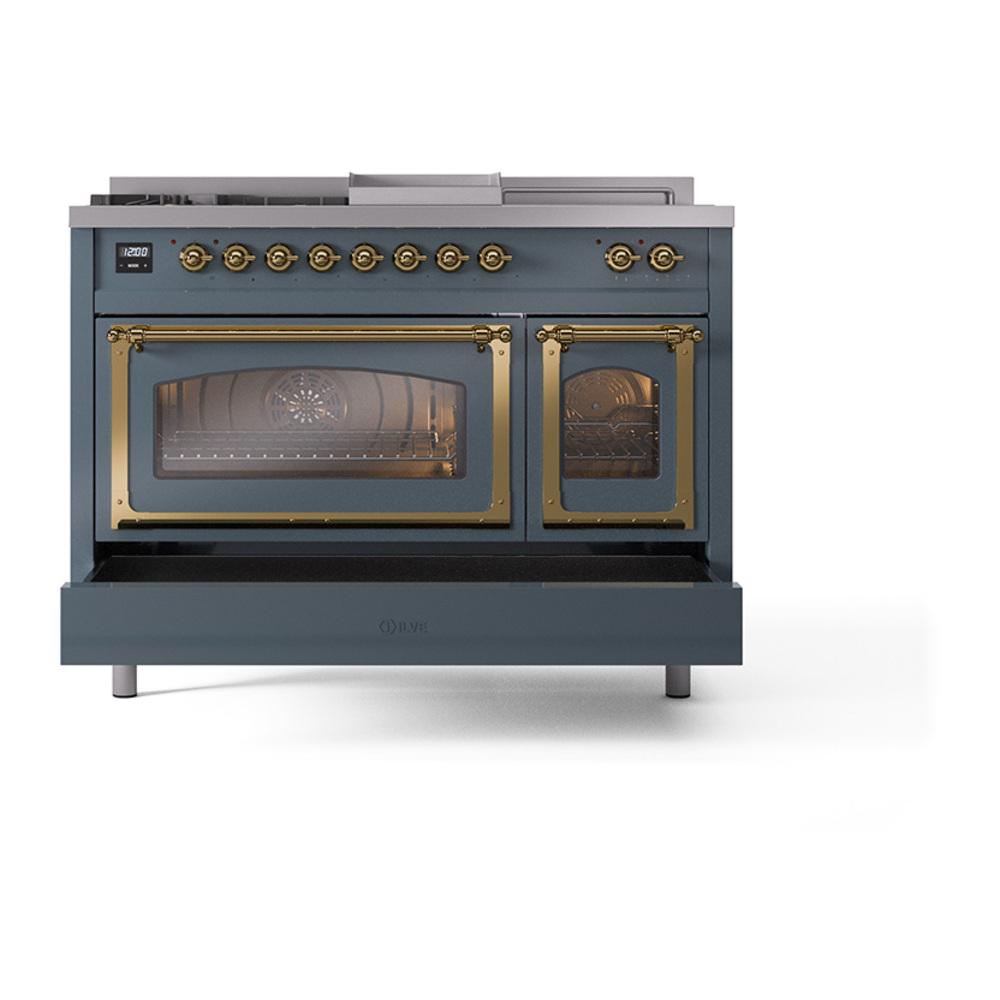 ILVE UN48FSNMPBGGLP Nostalgie II Noblesse 48 inch Dual Fuel Range (5 Sealed Burners + Griddle + French Top, Liquid Propane, Triple Glass Door, Blue Grey, Brass)