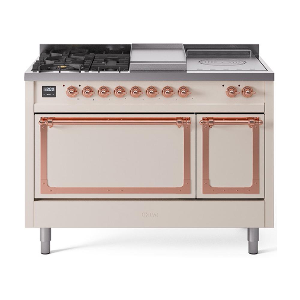 ILVE UN48FSQNMPAWP Nostalgie II Noblesse 48 inch Dual Fuel Range (5 Sealed Burners + Griddle + French Top, Natural Gas, Solid Door, Antique White, Copper)