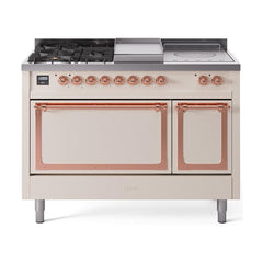 ILVE UN48FSQNMPAWP Nostalgie II Noblesse 48 inch Dual Fuel Range (5 Sealed Burners + Griddle + French Top, Natural Gas, Solid Door, Antique White, Copper)