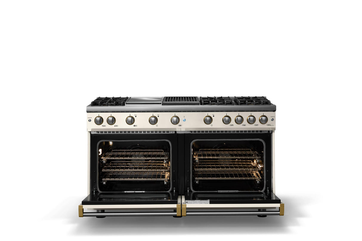 60"W. Sealed Burner Gas Range (Finish: Pure White, Trim: Polished Chrome, Fuel: Propane)