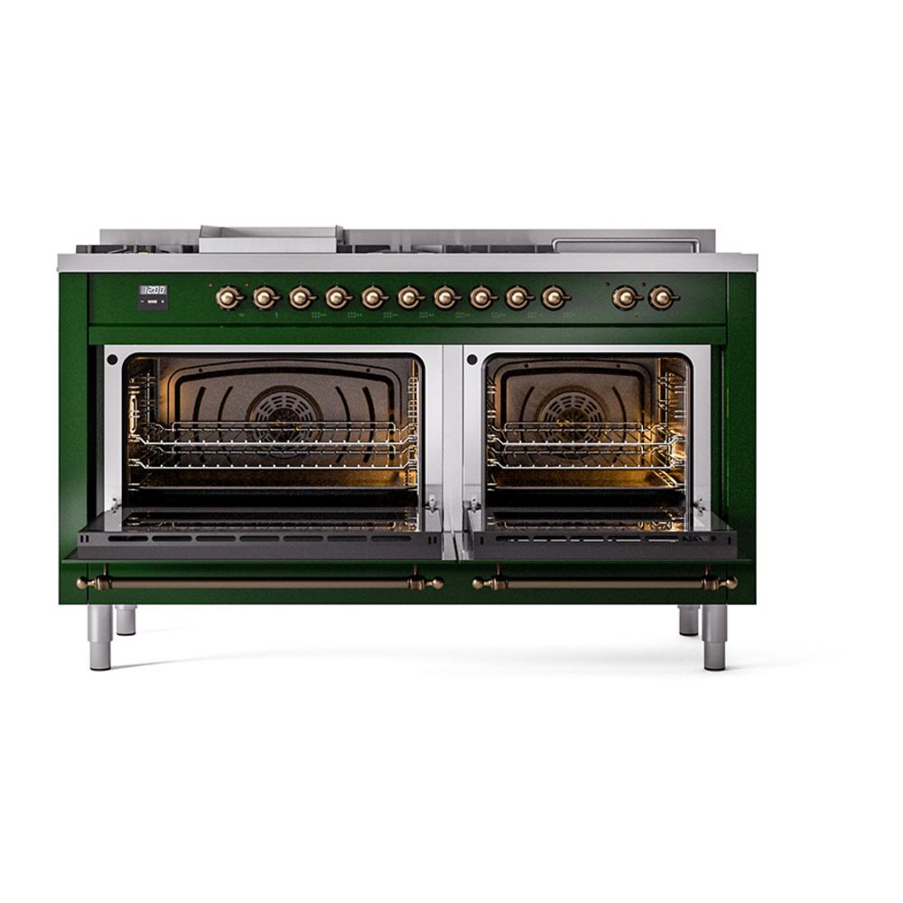 ILVE UN60FSNMPEGBLP Nostalgie II Noblesse 60 inch Dual Fuel Range (7 Sealed Burners + Griddle + French Top, Liquid Propane, Triple Glass Door, Emerald Green, Burnished)