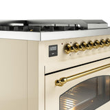 Nostalgie II 48 Inch Dual Fuel Natural Gas Freestanding Range in Antique White with Brass Trim