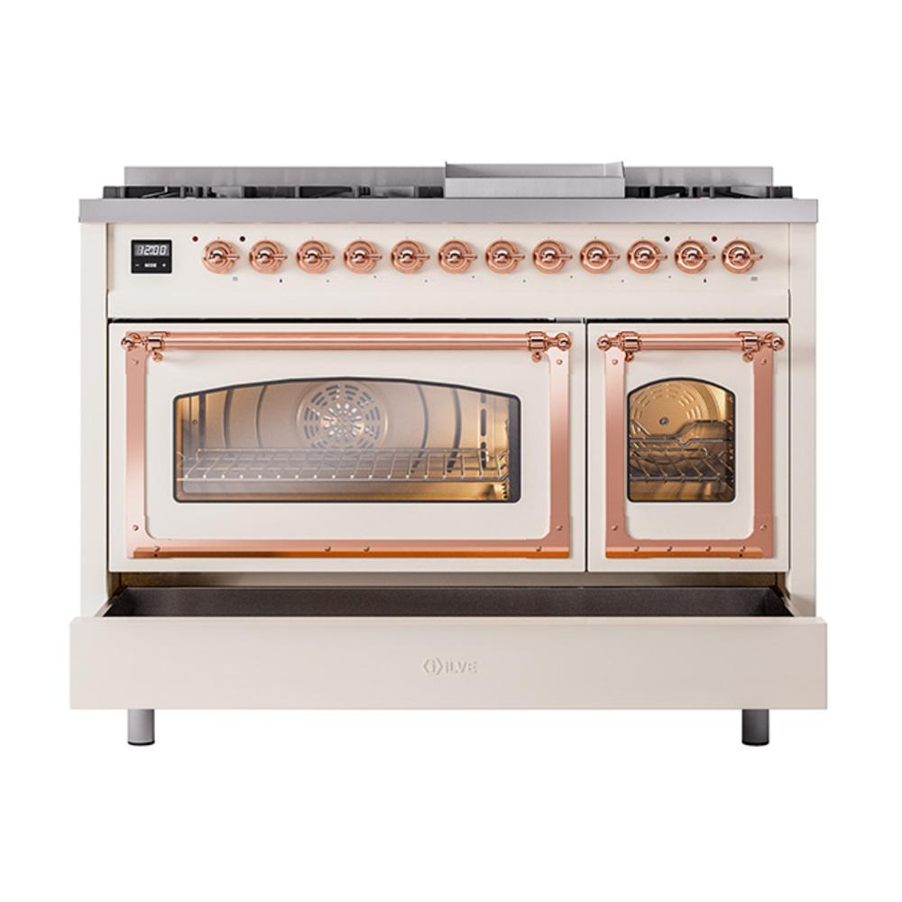 ILVE UN48FNMPAWPLP Nostalgie II Noblesse 48 inch Dual Fuel Range (8 Sealed Burners + Griddle, Liquid Propane, Triple Glass Door, Antique White, Copper)