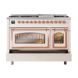 ILVE UN48FNMPAWPLP Nostalgie II Noblesse 48 inch Dual Fuel Range (8 Sealed Burners + Griddle, Liquid Propane, Triple Glass Door, Antique White, Copper)