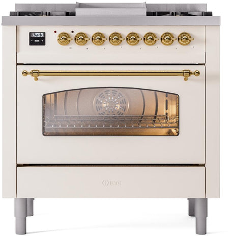 Nostalgie II 36 Inch Dual Fuel Natural Gas Freestanding Range in Antique White with Brass Trim