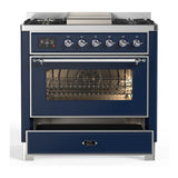 ILVE UM36FNR3MBCLP Majestic III 36 inch Dual Fuel Range with 6 Black Brass Burners and Griddle, Dual Function Burner up to 25,000 BTU (Triple Glass Door, Midnight Blue, Chrome, Liquid Propane)