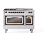 ILVE UN48FSNMPWHBLP Nostalgie II Noblesse 48 inch Dual Fuel Range (5 Sealed Burners + Griddle + French Top, Liquid Propane, Triple Glass Door, White, Burnished)