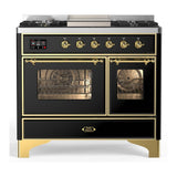 ILVE UMD40FNR3BKG Majestic III 40 inch Dual Fuel Range with 6 Burners and Griddle, Dual Function Burner up to 25,000 BTU (Natural Gas, Triple Glass Door, Glossy Black, Brass)