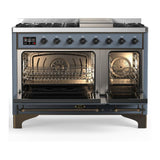 ILVE UM48FNR3BGBLP Majestic III 48 inch Dual Fuel Range with 8 Burners and Griddle, Dual Function Burner up to 25,000 BTU (Liquid Propane, Triple Glass Door, Blue Grey, Burnished)