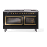 ILVE UN60FNMPBKG Nostalgie II Noblesse 60 inch Dual Fuel Range (9 Sealed Burners + Griddle, Natural Gas, Triple Glass Door, Glossy Black, Brass)
