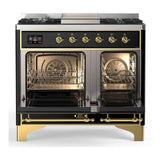 ILVE UMD40FNR3BKG Majestic III 40 inch Dual Fuel Range with 6 Burners and Griddle, Dual Function Burner up to 25,000 BTU (Natural Gas, Triple Glass Door, Glossy Black, Brass)