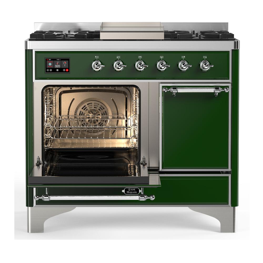 ILVE UMD40FQNR3EGCLP Majestic III 40 inch Dual Fuel Range with 6 Burners and Griddle, Dual Function Burner up to 25,000 BTU (Liquid Propane, Solid Door, Emerald Green, Chrome)