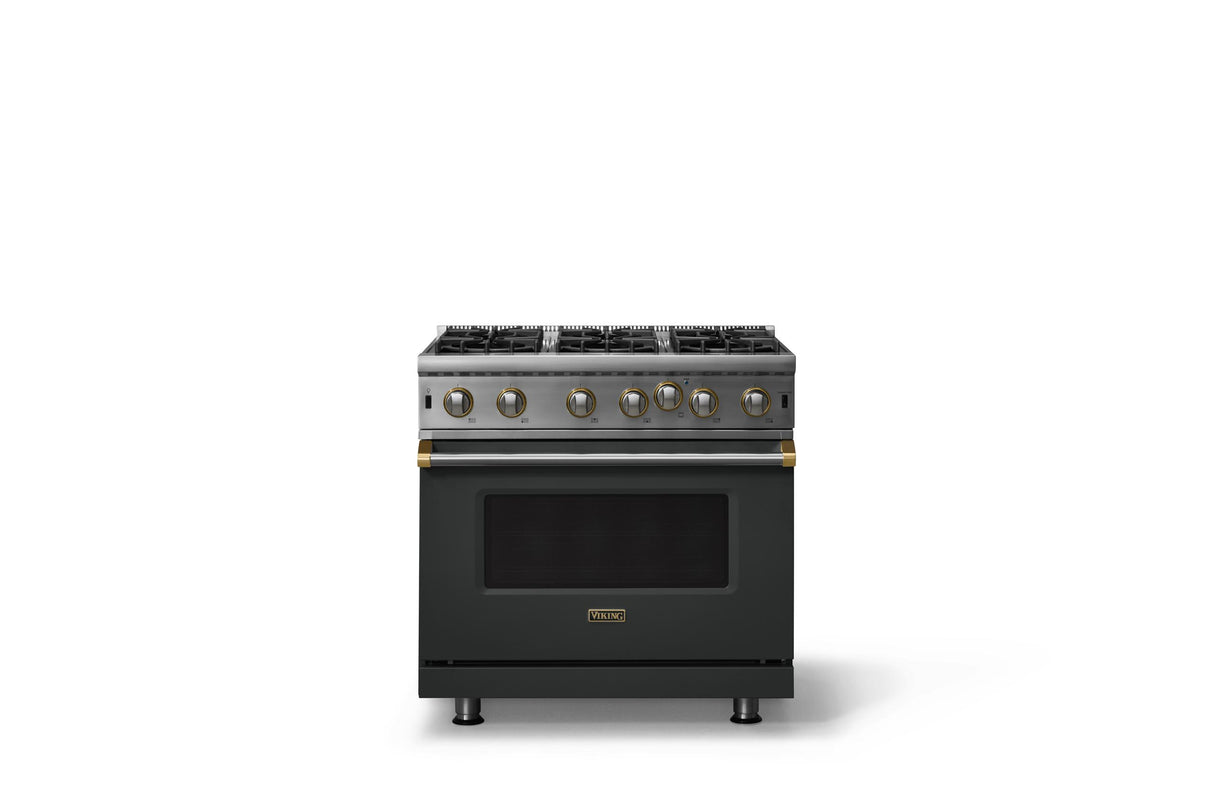 36"W. Open Burner Gas Range (Finish: Antique Bronze, Trim: Brushed Brass, Fuel: Natural Gas)