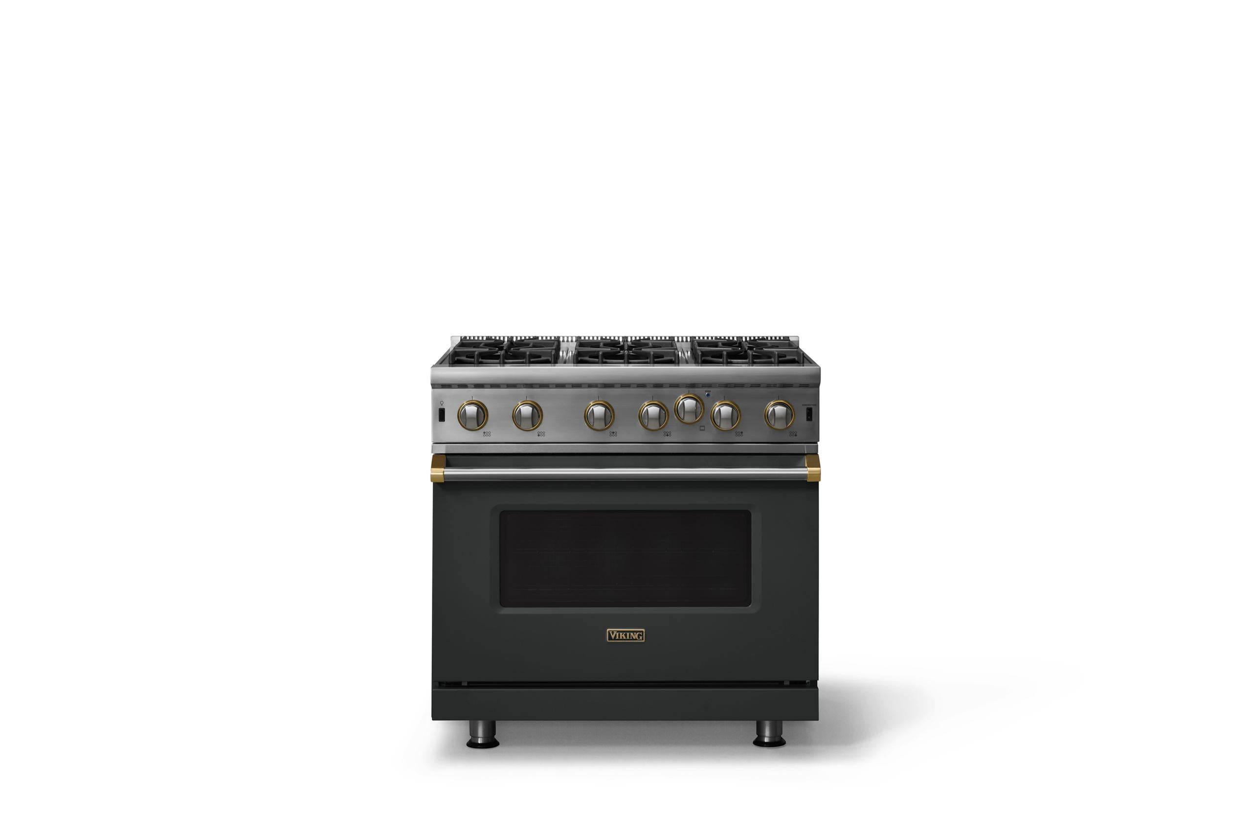 36"W. Open Burner Gas Range (Finish: Antique Bronze, Trim: Brushed Brass, Fuel: Natural Gas)