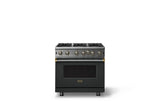 36"W. Open Burner Gas Range (Finish: Antique Bronze, Trim: Brushed Brass, Fuel: Propane)