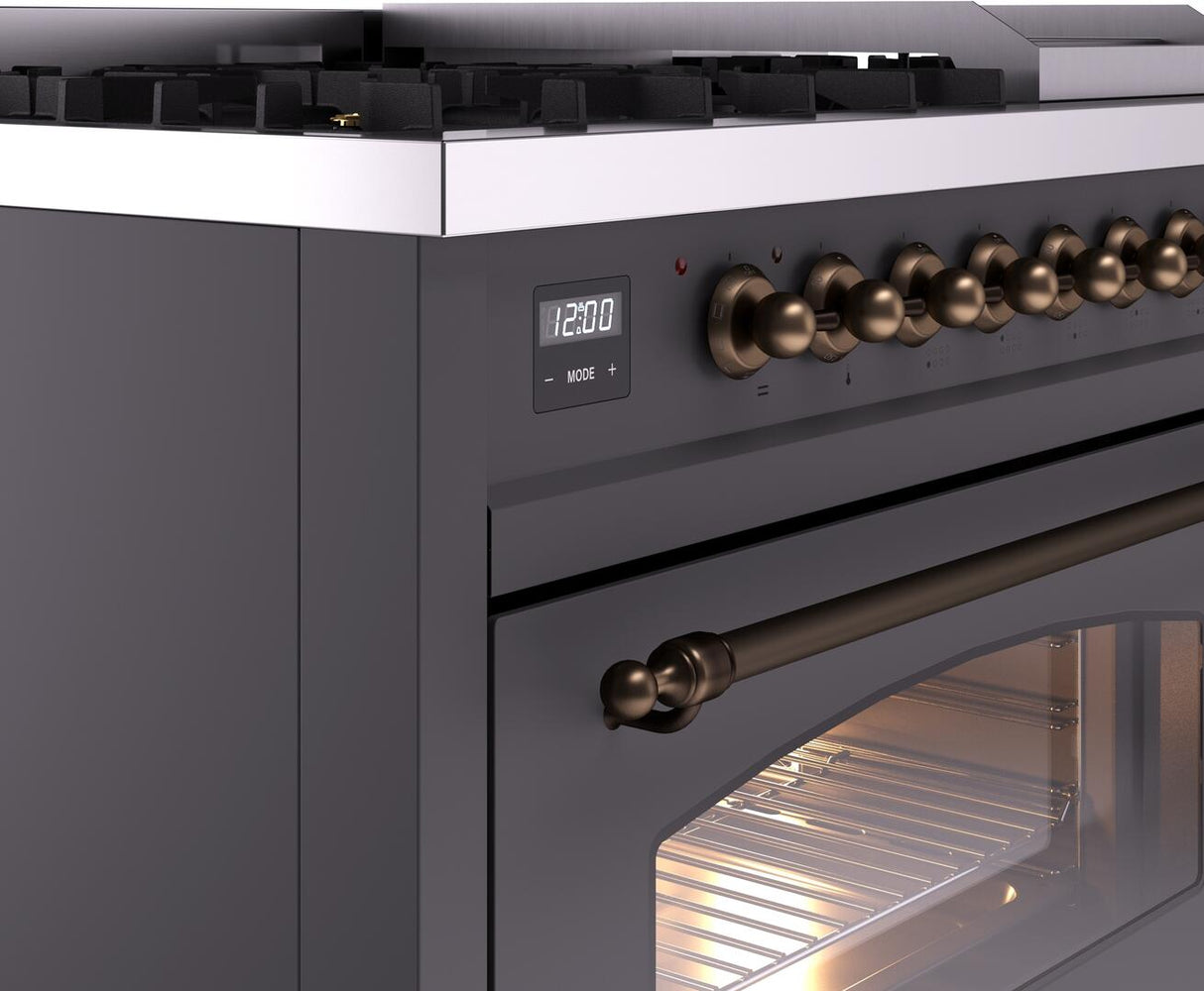 Nostalgie II 48 Inch Dual Fuel Liquid Propane Freestanding Range in Matte Graphite with Bronze Trim