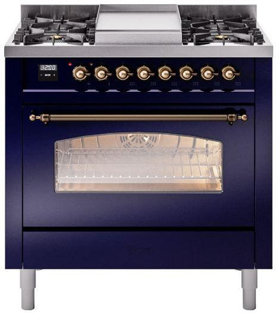 Nostalgie II 36 Inch Dual Fuel Liquid Propane Freestanding Range in Blue with Bronze Trim