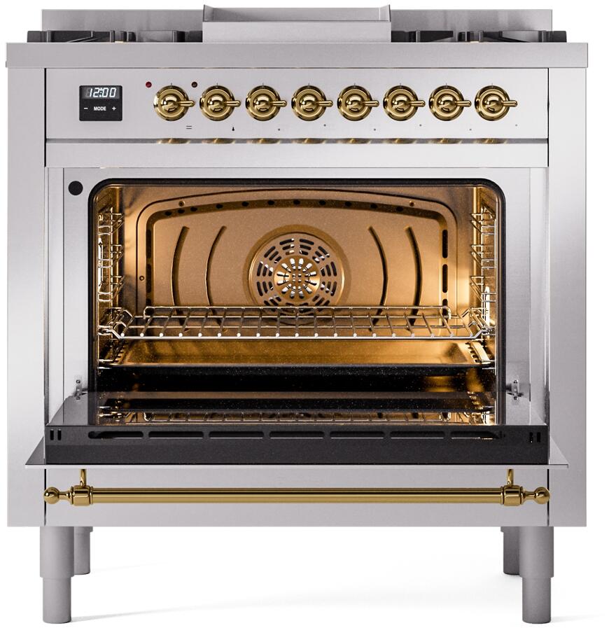 Nostalgie II 36 Inch Dual Fuel Liquid Propane Freestanding Range in Stainless Steel with Brass Trim