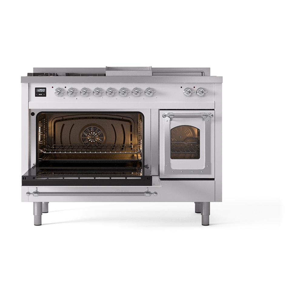 ILVE UN48FSNMPWHCLP Nostalgie II Noblesse 48 inch Dual Fuel Range (5 Sealed Burners + Griddle + French Top, Liquid Propane, Triple Glass Door, White, Chrome)