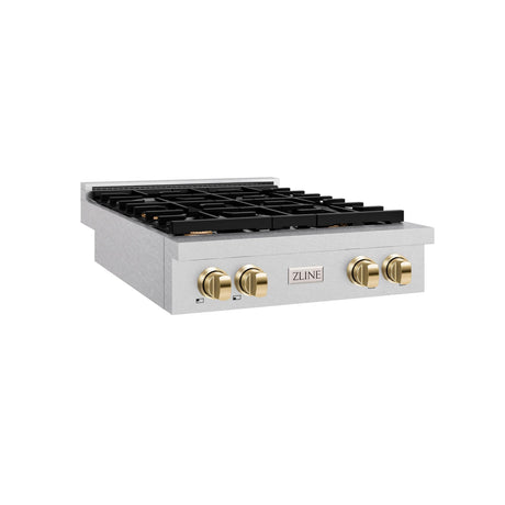 ZLINE 30 in. Autograph Edition Paramount Gas Rangetop with 4 Burners and Porcelain Cooktop in DuraSnow' Stainless Steel with Polished Gold Accents (SRTSZ-30-G)