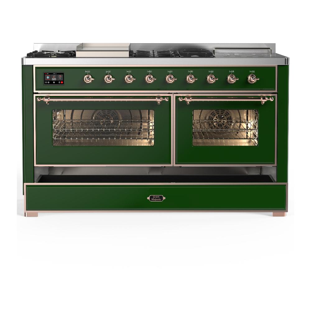 ILVE UM60FSNR3EGPLP Majestic III 60 inch Dual Fuel Range with 7 Burners, Griddle and French Top, Dual Function Burner with up to 25,000 BTU (Liquid Propane, Triple Glass Door, Emerald Green, Copper)