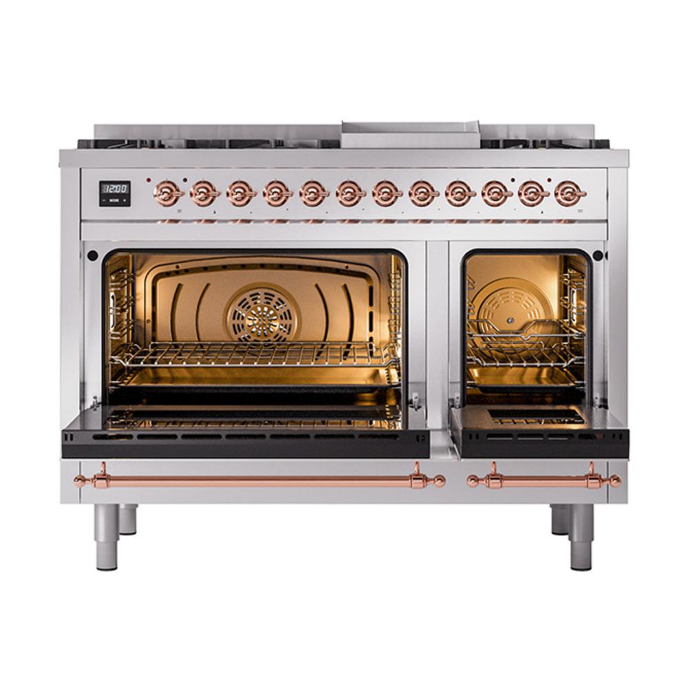 ILVE UN48FNMPSSP Nostalgie II Noblesse 48 inch Dual Fuel Range (8 Sealed Burners + Griddle, Natural Gas, Triple Glass Door, Stainless Steel, Copper)