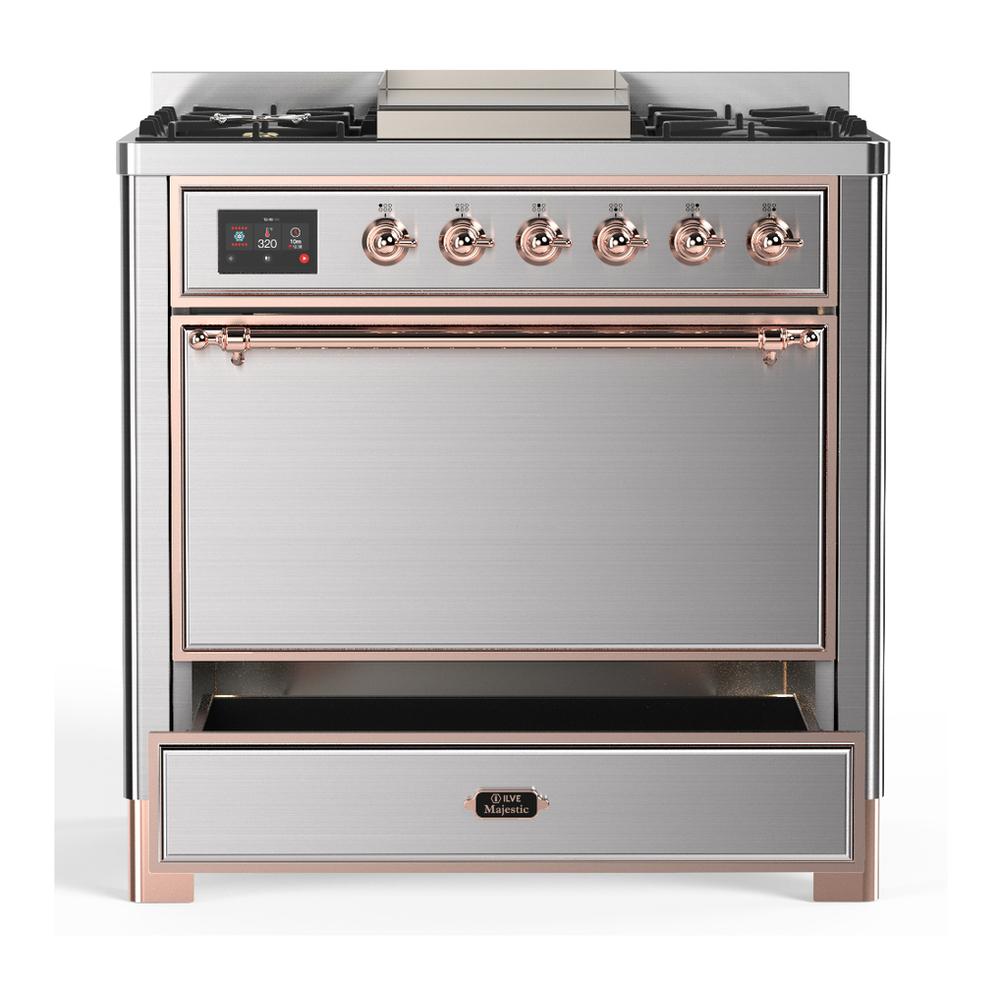 ILVE UM36FQNR3SSPLP Majestic III 36 inch Dual Fuel Range with 6 Black Brass Burners and Griddle, Dual Function Burner up to 25,000 BTU (Solid Door, Stainless Steel, Copper, Liquid Propane)