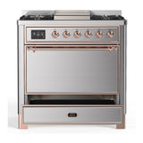 ILVE UM36FQNR3SSPLP Majestic III 36 inch Dual Fuel Range with 6 Black Brass Burners and Griddle, Dual Function Burner up to 25,000 BTU (Solid Door, Stainless Steel, Copper, Liquid Propane)