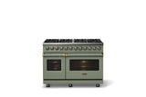48"W. Dual Fuel Range (Burner: 8b, Finish: Eucalyptus, Trim: Brushed Brass, Fuel: Natural Gas)