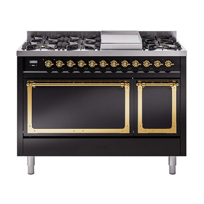 ILVE UN48FQNMPBKGLP Nostalgie II Noblesse 48 inch Dual Fuel Range (8 Sealed Burners + Griddle, Liquid Propane, Solid Door, Glossy Black, Brass)